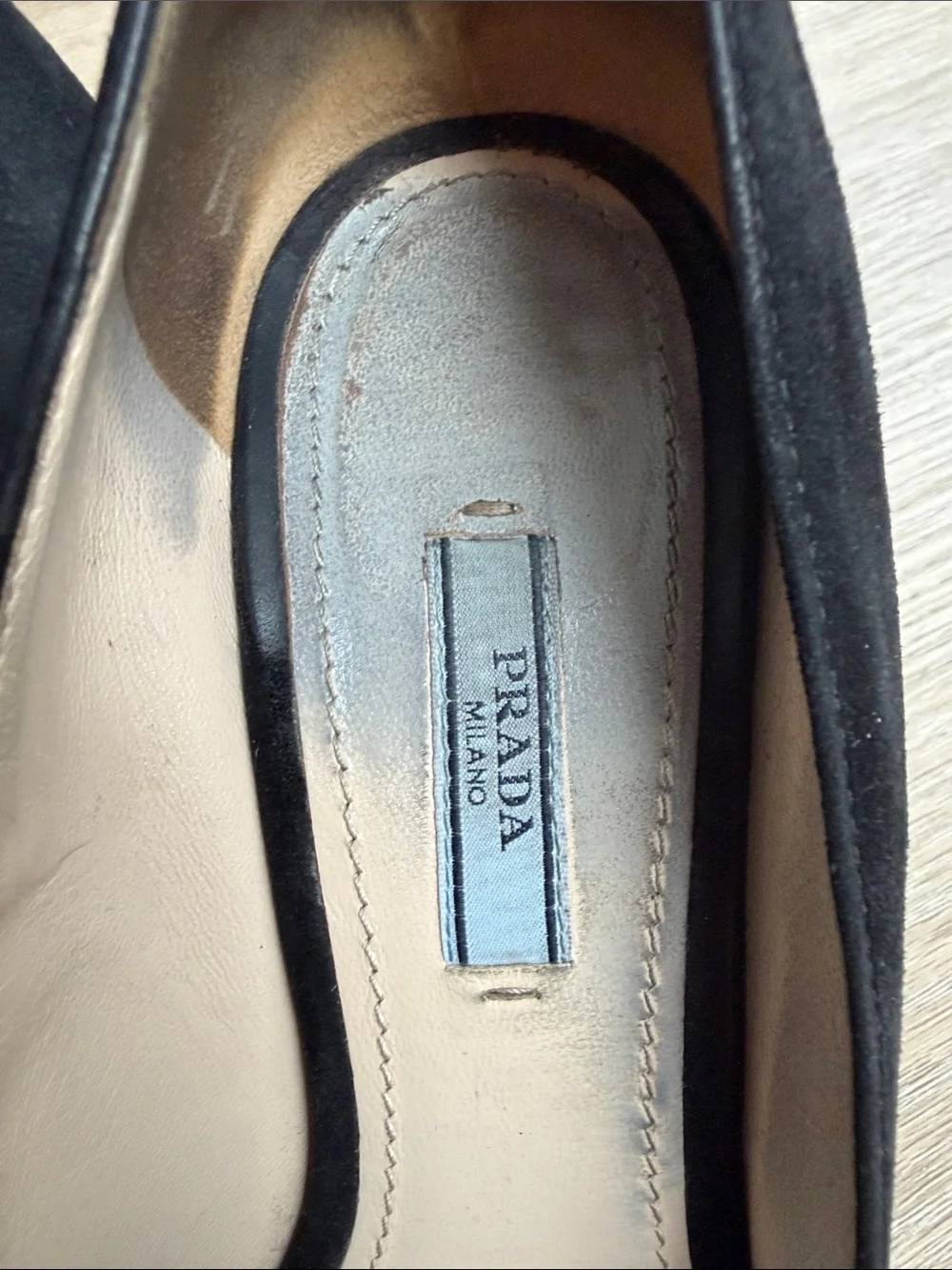 Prada Black Suede Peep Toe Pumps Blue Heels Size 39.5